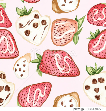 Pattern of strawberries and other fruits with chocolate chips 136130720