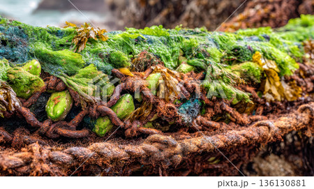 Rusty sea net covered with green algae and marine plants, ocean fouling, coastal pollution and marine ecosystem texture 136130881