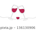 Two Wine Glasses Clinking with Red Wine and Heart Continuous One Line Drawing Romantic Love Celebration Vector Illustration 136130906