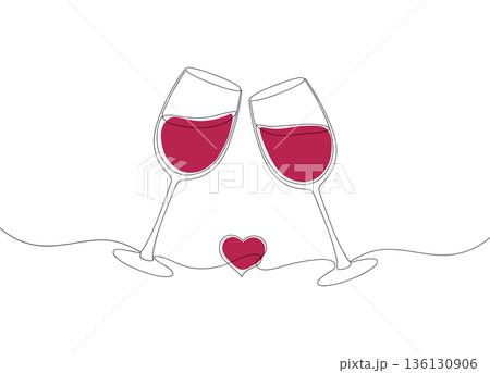 Two Wine Glasses Clinking with Red Wine and Heart Continuous One Line Drawing Romantic Love Celebration Vector Illustration 136130906