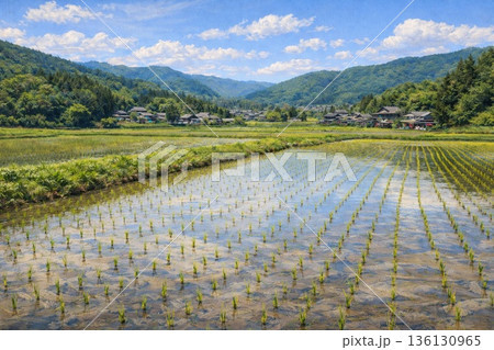 田んぼ　田植え　春　里山風景　農村風景　フォトリアル 136130965