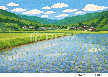 田んぼ　田植え　春　里山風景　農村風景　貼り絵風 136130966