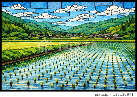 田んぼ　田植え　春　里山風景　農村風景　ステンドグラス風 136130971