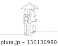 Continuous One Line Drawing of a Couple Walking Together Under an Umbrella eps10 136130980