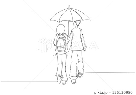 Continuous One Line Drawing of a Couple Walking Together Under an Umbrella eps10 136130980