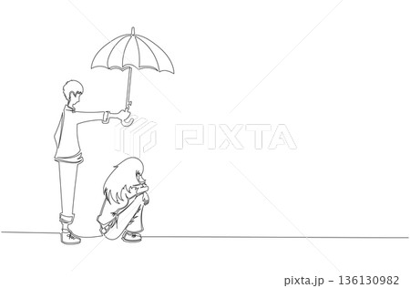 Continuous One Line Drawing of a Man Holding an Umbrella for a Woman eps10 136130982