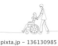 Continuous One Line Drawing of a Man Pushing a Woman in a Wheelchair eps10 136130985