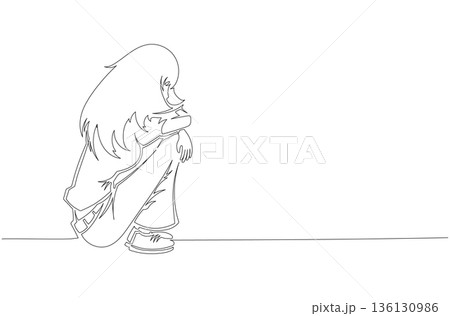 Continuous One Line Drawing of a Sad Woman Sitting Alone eps10 136130986
