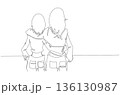 Continuous One Line Drawing of Two Women Standing Together with Arms Around Each Other eps10 136130987