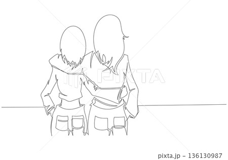 Continuous One Line Drawing of Two Women Standing Together with Arms Around Each Other eps10 136130987