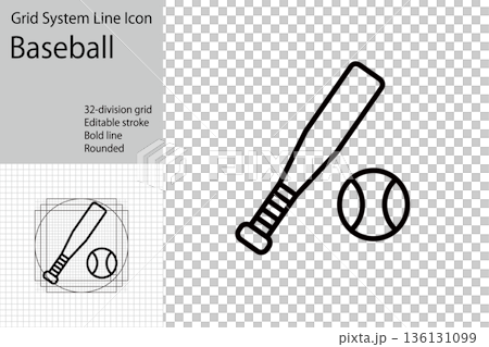 棒球圖示、金屬球棒和棒球圖示、可用於世界棒球經典賽 (WBC) 和美國職棒大聯盟 (MLB) 相關設計的棒球材料 136131099