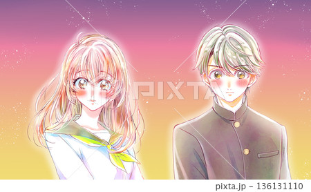 セーラー服の女子学生と学ランの男子学生 恋 夕暮れ セーラー服の女子学生と学ランの男子学生 恋 夕暮れ 136131110