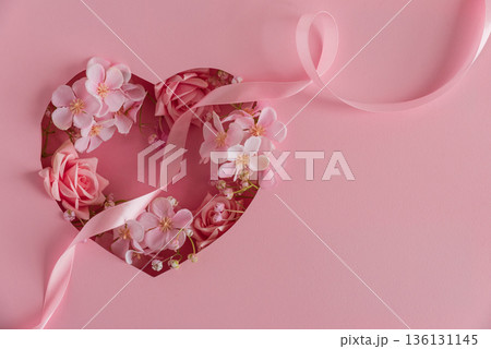 Pink Heart with Flowers and Ribbon. Romantic Valentines Day Flatlay on Soft Pink Background 136131145