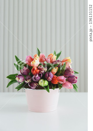 Tulip Bouquet in Pink Bucket. Romantic Valentines, Mothers Day or Birthday Floral Arrangement Tulip Bouquet in Pink Bucket. Romantic Valentines, Mothers Day or Birthday Floral Arrangement 136131152