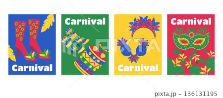 Set of greeting cards and banners for Brazilian Carnival with feathered masks costumes headdresses shoes and musical instruments 136131195