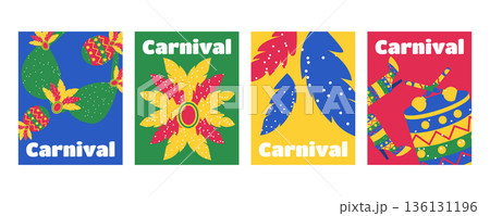 Set of greeting cards and banners for Brazilian Carnival with carnival costumes shoes musical instruments and feathers Set of greeting cards and banners for Brazilian Carnival with carnival costumes shoes musical instruments and feathers 136131196