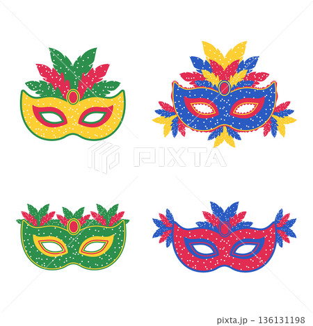 Brazilian carnival masks set with colorful feathers festive samba celebration illustration 136131198