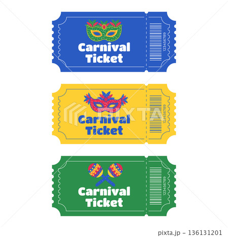 Set of entry tickets for Brazilian Carnival with masks feathers costumes drums and maracas 136131201