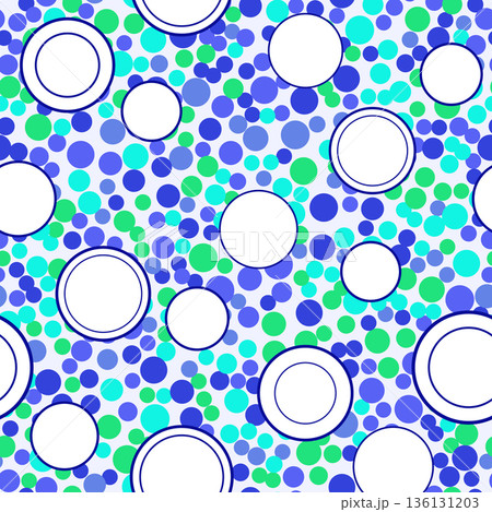 Large white circles on colorful bright background. Random geometric seamless pattern of different circles. Abstract tropical sea colors fresh background. Large white circles on colorful bright background. Random geometric seamless pattern of different circles. Abstract tropical sea colors fresh background. 136131203