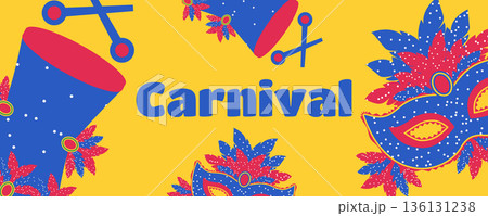 Festival banner for Brazilian Carnival with feathered masks and drums Festival banner for Brazilian Carnival with feathered masks and drums 136131238
