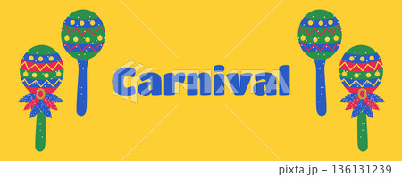 Festival banner for Brazilian Carnival with feathered maracas 136131239
