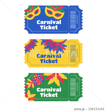 Set of entry tickets for Brazilian Carnival with masks feathers costumes and maracas Set of entry tickets for Brazilian Carnival with masks feathers costumes and maracas 136131243