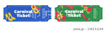 Set of entry tickets for Brazilian Carnival with masks feathers costumes shoes 136131244
