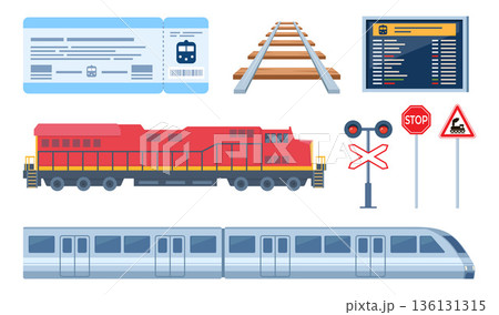 Railway icon set. Traffic lights and signs, locomotive, rails, train ticket, commuter train, train timetable. Vector illustration. Railway icon set. Traffic lights and signs, locomotive, rails, train ticket, commuter train, train timetable. Vector illustration. 136131315