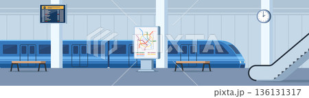 Subway station interior. Train wait for passengers. Modern city infrastructure for citizens. Trip and travel in city. Transport at railroad undeground. Vector illustration Subway station interior. Train wait for passengers. Modern city infrastructure for citizens. Trip and travel in city. Transport at railroad undeground. Vector illustration 136131317