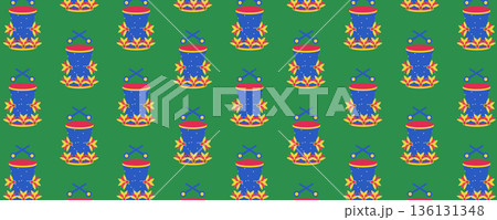 Carnival festival seamless pattern with drum and feathers on green background, Brazilian carnival, Mardi Gras 136131348