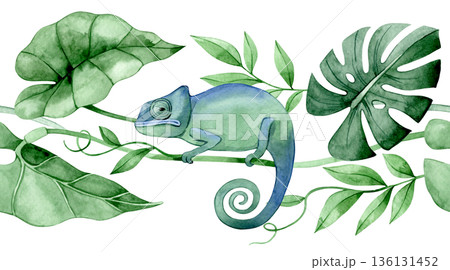 Seamless tropical border with plant leaves and a chameleon lizard. Horizontal frame 136131452