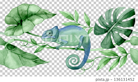 Seamless tropical border with plant leaves and a chameleon lizard. Horizontal frame 136131452