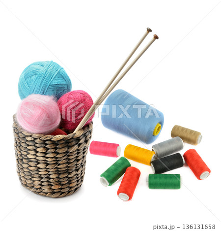 Crafting supplies set for knitting and sewing on white background Crafting supplies set for knitting and sewing on white background 136131658