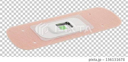 A smart bandage is placed on a surface. The bandage has a sensor in the center designed to monitor wounds. It will help track healing and detect infections. 136131678