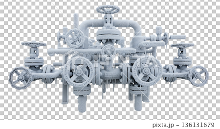 Frozen cryogenic valve manifold displays frost covering all pipes and valves. This equipment is used for cooling processes in various industrial applications. 136131679