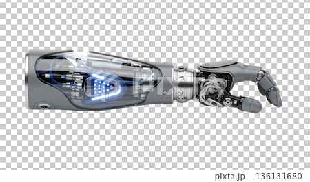 A detailed view of a cybernetic forearm prosthesis is shown in a workshop. The transparent panels allow a look at the inner workings, which include micro hydraulics. 136131680