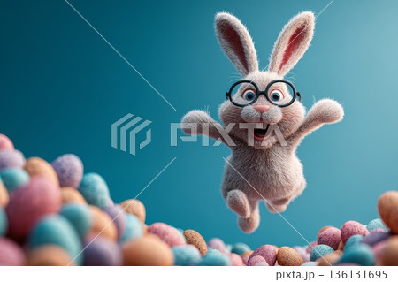A cheerful Easter bunny wearing glasses jumps out of a pile of colorful eggs. A cheerful Easter bunny wearing glasses jumps out of a pile of colorful eggs. 136131695