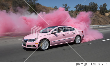 A glamorous pink car on the highway with pink smoke billowing out from underneath it A glamorous pink car on the highway with pink smoke billowing out from underneath it 136131707