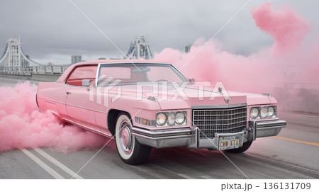 A glamorous pink car on the highway with pink smoke billowing out from underneath it A glamorous pink car on the highway with pink smoke billowing out from underneath it 136131709