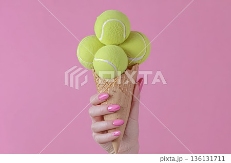 A hand with a pink manicure holds a waffle cone with tennis balls instead of ice cream A hand with a pink manicure holds a waffle cone with tennis balls instead of ice cream 136131711