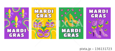 Mardi Gras vertical carnival banners and greeting cards with jester symbols, beads, masks, festival shoes, feathers and gemstones Mardi Gras vertical carnival banners and greeting cards with jester symbols, beads, masks, festival shoes, feathers and gemstones 136131723