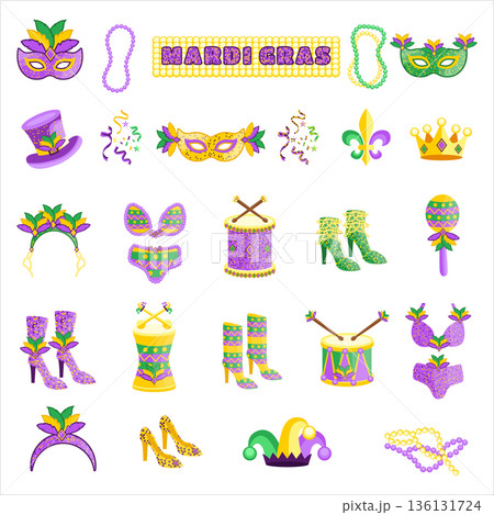 Mardi Gras carnival festival elements set with masks beads drums costumes shoes maracas confetti crowns hats and jester accessories colorful flat illustration collection 136131724