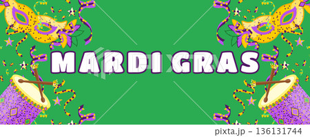 Green Mardi Gras Carnival Banner with Feather Masks, Drums and Confetti, Energetic Festival Background Green Mardi Gras Carnival Banner with Feather Masks, Drums and Confetti, Energetic Festival Background 136131744