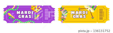 Mardi Gras Carnival Ticket Set with Costumes, Drums, Jester Symbols, Confetti and Feathers 136131752