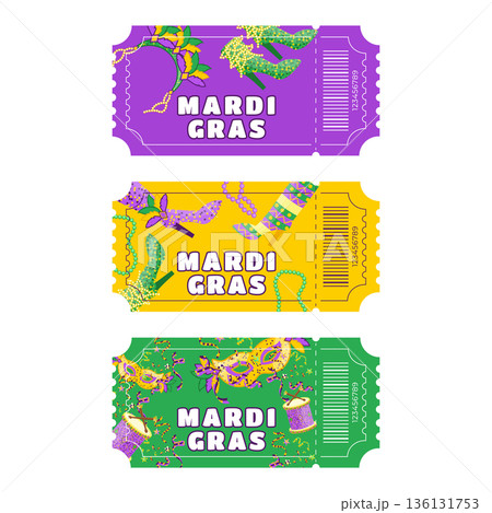 Mardi Gras Carnival Ticket Set with Costumes, Drums, Jester Symbols, Confetti and Feathers Mardi Gras Carnival Ticket Set with Costumes, Drums, Jester Symbols, Confetti and Feathers 136131753