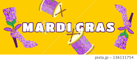 Yellow Mardi Gras Carnival Banner with Festival Shoes, Costumes and Drums, Dynamic Celebration Background Yellow Mardi Gras Carnival Banner with Festival Shoes, Costumes and Drums, Dynamic Celebration Background 136131754