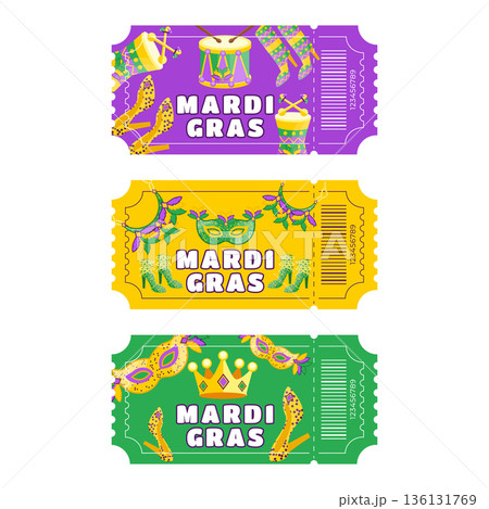 Mardi Gras Festival Ticket Set with Masks, Drums, Crown, Costume Shoes and Feathers 136131769