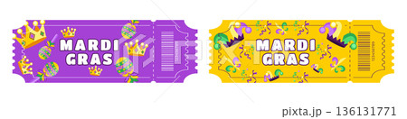 Mardi Gras Festival Ticket Set with Crowns, Jester Hats, Confetti, Maracas and Feathers Mardi Gras Festival Ticket Set with Crowns, Jester Hats, Confetti, Maracas and Feathers 136131771