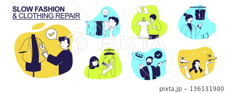 Slow fashion and Clothing repair concept set for web design. Collection with people sewing apparels, upcycling fabric, choosing eco clothes and textiles, reusing and recycling. Vector illustration. 136131980