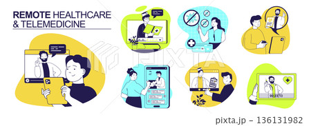 Remote healthcare and Telemedicine concept set for web design. Collection with people get doctor consultation by video call, chat with clinic online for diagnosis and treatment. Vector illustration. 136131982